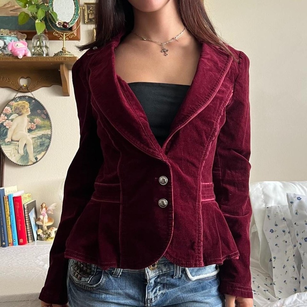 White House Black Market Burgundy Corduroy Blazer Jacket Size 8 Vintage 2000s